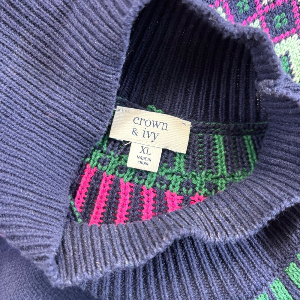 Crown & Ivy Fair Isle Mock Neck Sweater Navy Pink Green White Women's XL - Picture 4 of 8